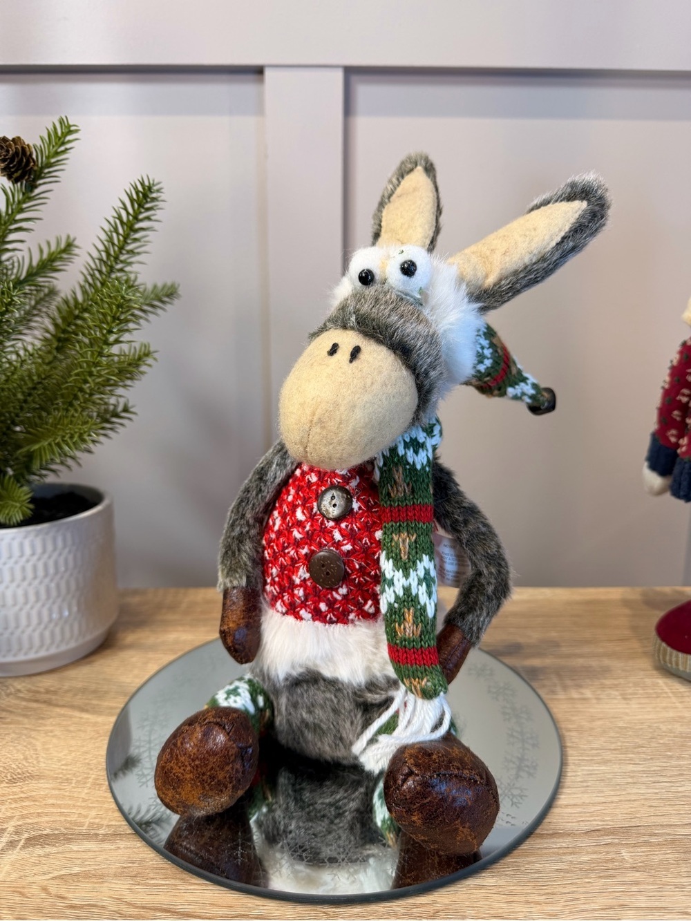 Handmade Plush Holiday Donkey Decor with Red Sweater and Green Scarf 12”